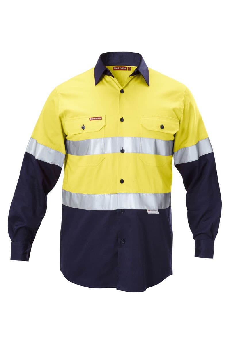 Hard Yakka Foundations Hi-Visibility Two Tone Cotton Drill Long Sleeve Shirt With Tape (Yellow/Navy)