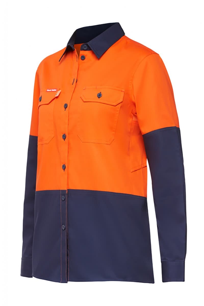 Hard Yakka Womens Koolgear Hi-Visibility Ventilated Long Sleeve Shirt (Orange/Navy)