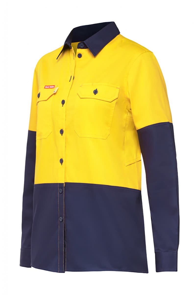 Hard Yakka Womens Koolgear Hi-Visibility Ventilated Long Sleeve Shirt (Yellow/Navy)