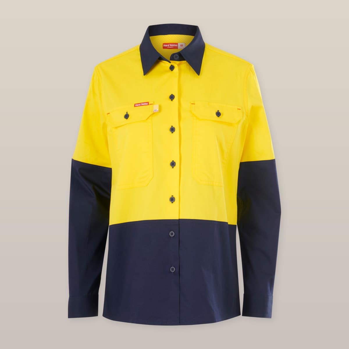 Hard Yakka Core Womens Long Sleeve Hi Vis 2 Tone Vented Shirt (Yellow/Navy)