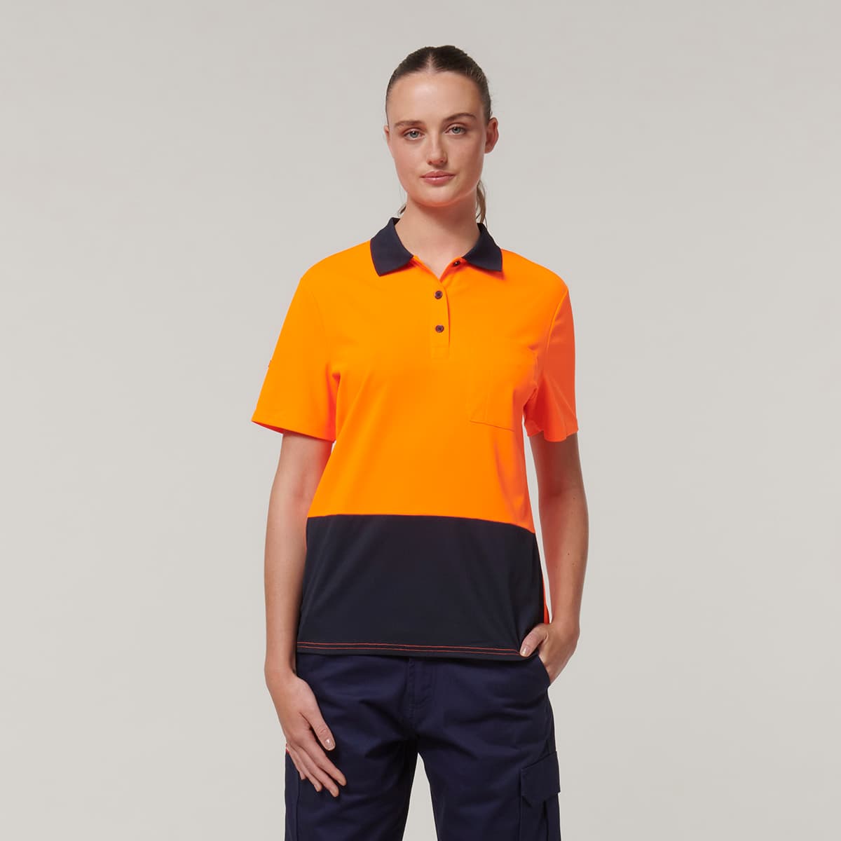 Hard Yakka Womens Short Sleeve Hi Vis Polo (Orange/Navy)_2