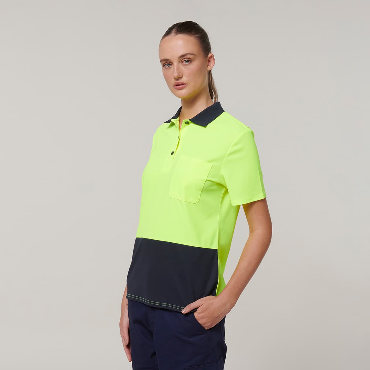 Hard Yakka Womens Short Sleeve Hi Vis Polo (Yellow/Navy)_1