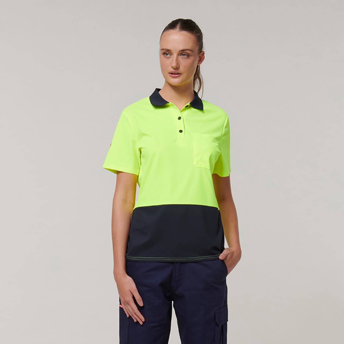 Hard Yakka Womens Short Sleeve Hi Vis Polo (Yellow/Navy)_2