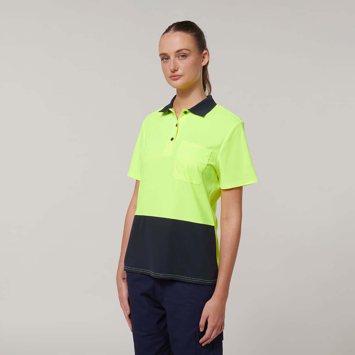 Hard Yakka Womens Short Sleeve Hi Vis Polo (Yellow/Navy)_3