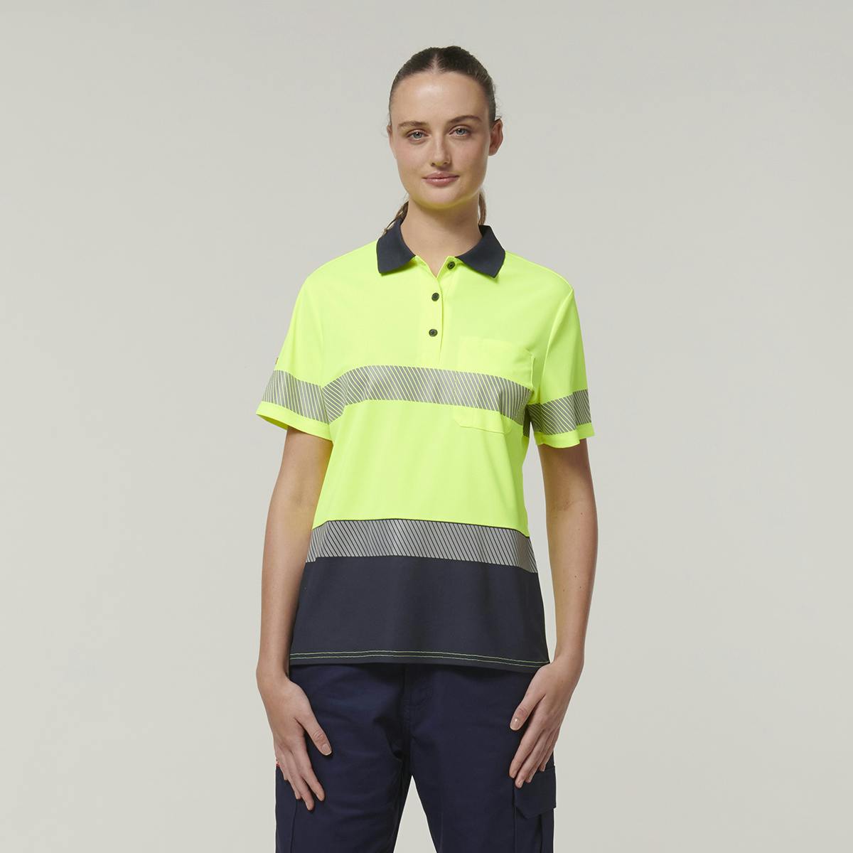 Hard Yakka Womens Short Sleeve Hi Vis Taped Polo (Yellow/Navy)_0