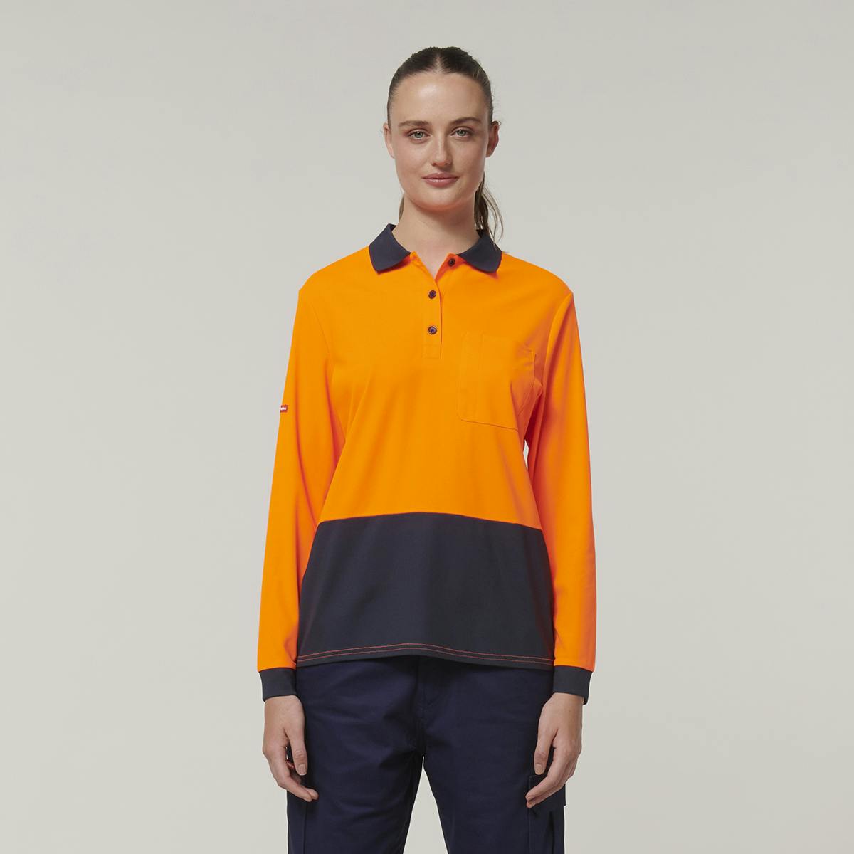 Hard Yakka Womens Long Sleeve Hi Vis Polo (Orange/Navy)