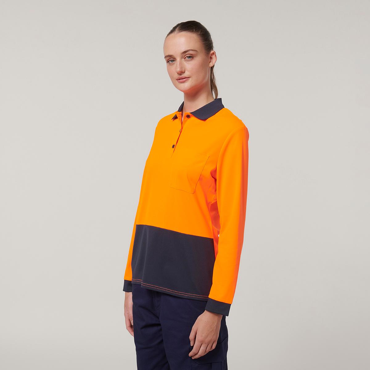 Hard Yakka Womens Long Sleeve Hi Vis Polo (Orange/Navy)_1