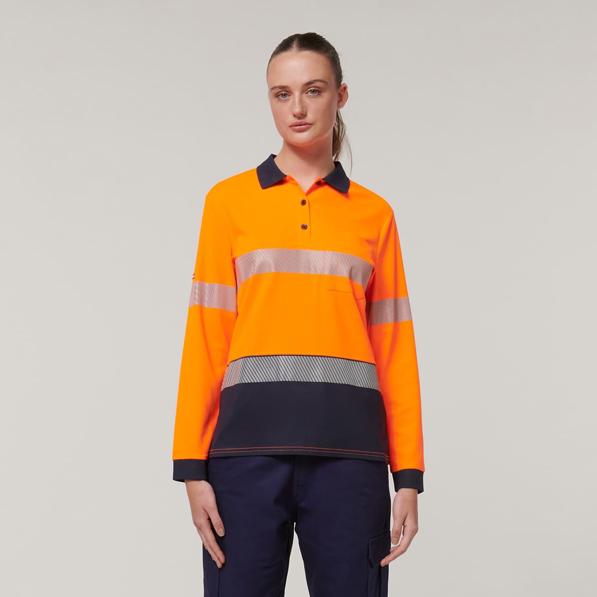 Hard Yakka Womens Long Sleeve Hi Vis Taped Polo (Orange/Navy)