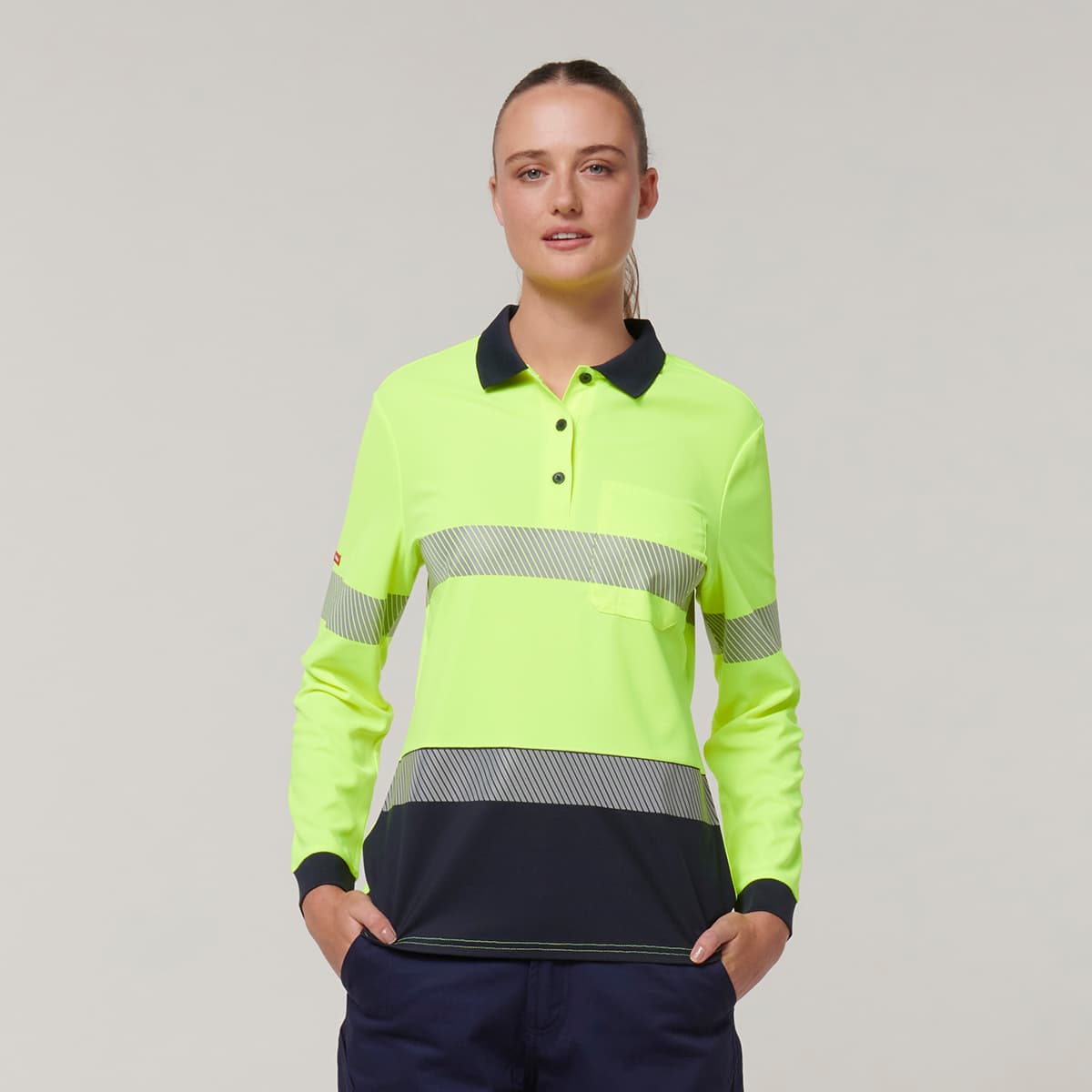 Hard Yakka Womens Long Sleeve Hi Vis Taped Polo (Yellow/Navy)