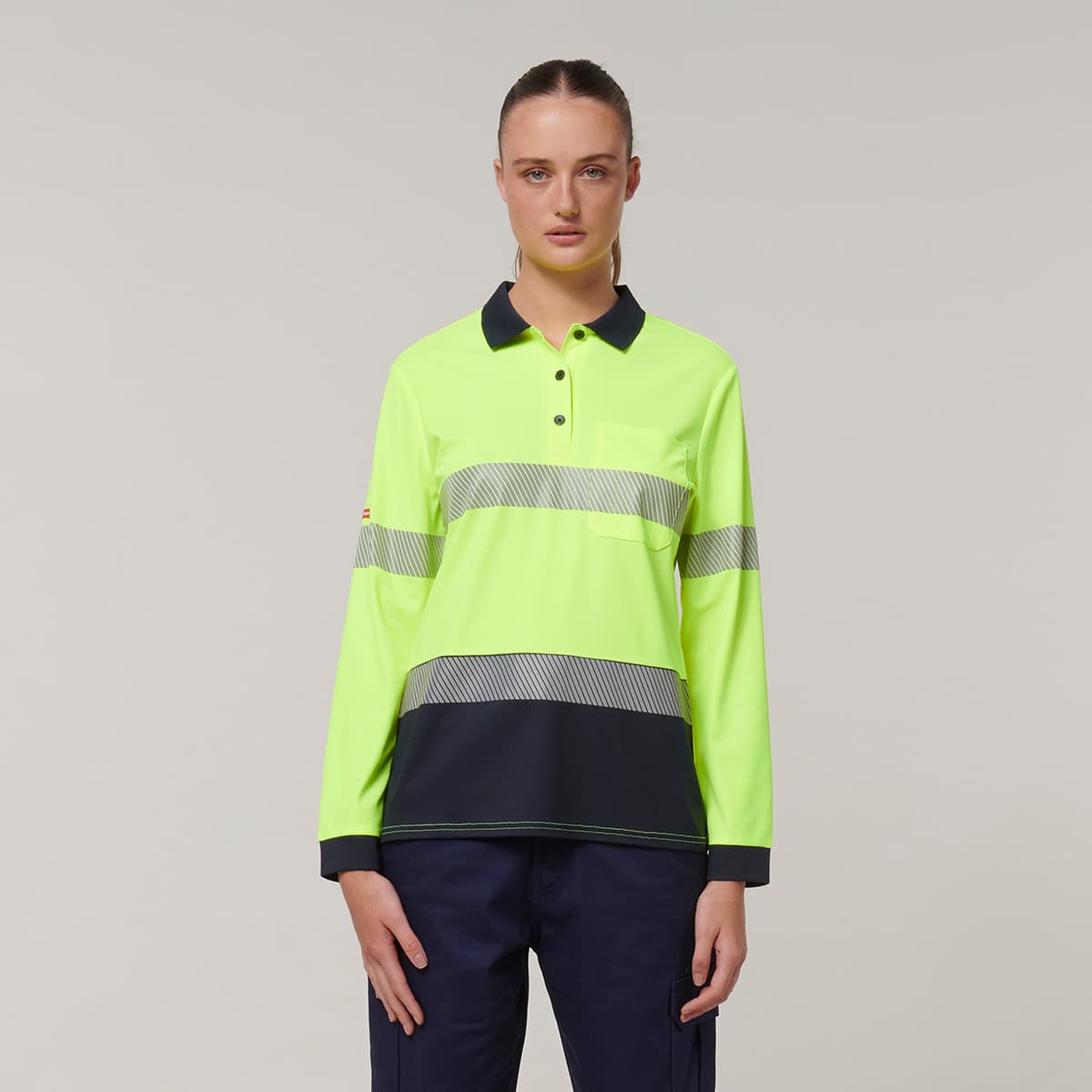 Hard Yakka Womens Long Sleeve Hi Vis Taped Polo (Yellow/Navy)_1