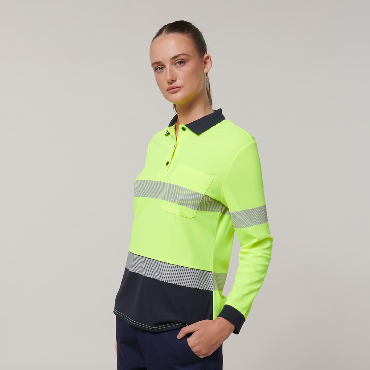 Hard Yakka Womens Long Sleeve Hi Vis Taped Polo (Yellow/Navy)_2