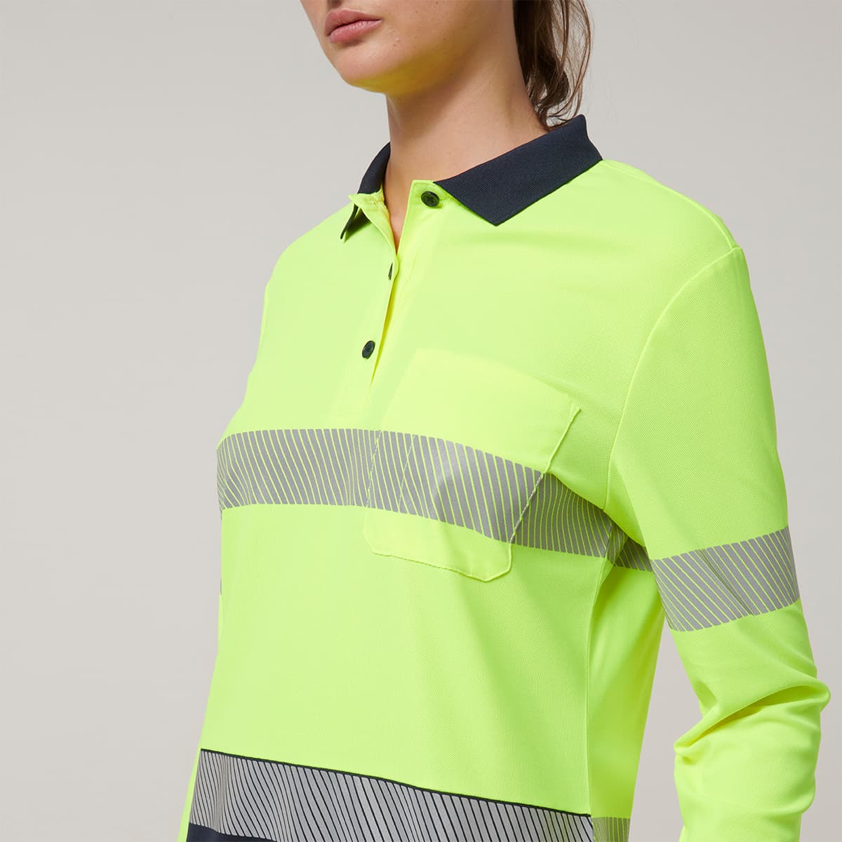 Hard Yakka Womens Long Sleeve Hi Vis Taped Polo (Yellow/Navy)_4