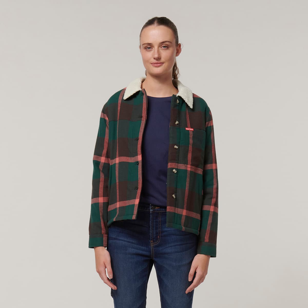 Hard Yakka Womens Heritage Trucker Sherpa Jacket (Green Check)_2
