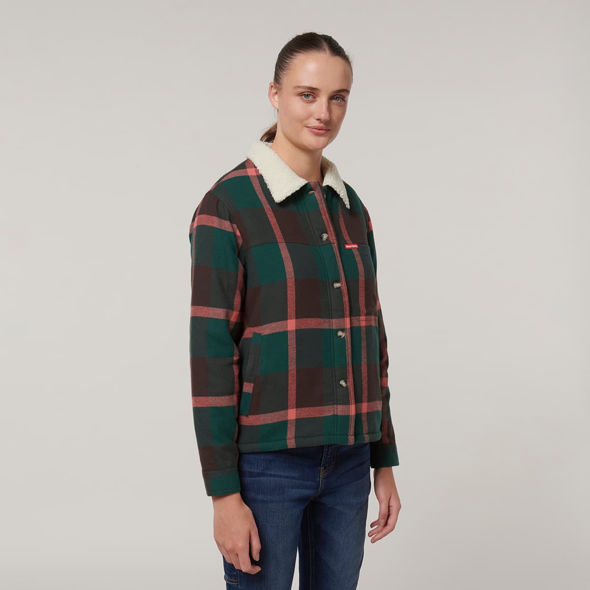 Hard Yakka Womens Heritage Trucker Sherpa Jacket (Green Check)_3