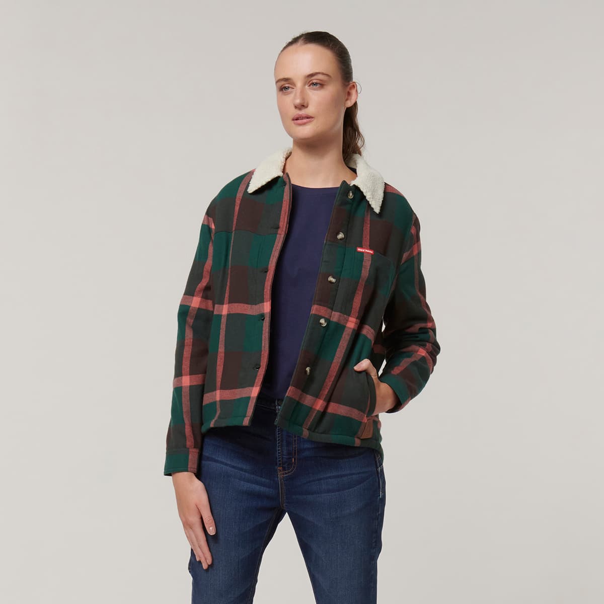 Hard Yakka Womens Heritage Trucker Sherpa Jacket (Green Check)_4