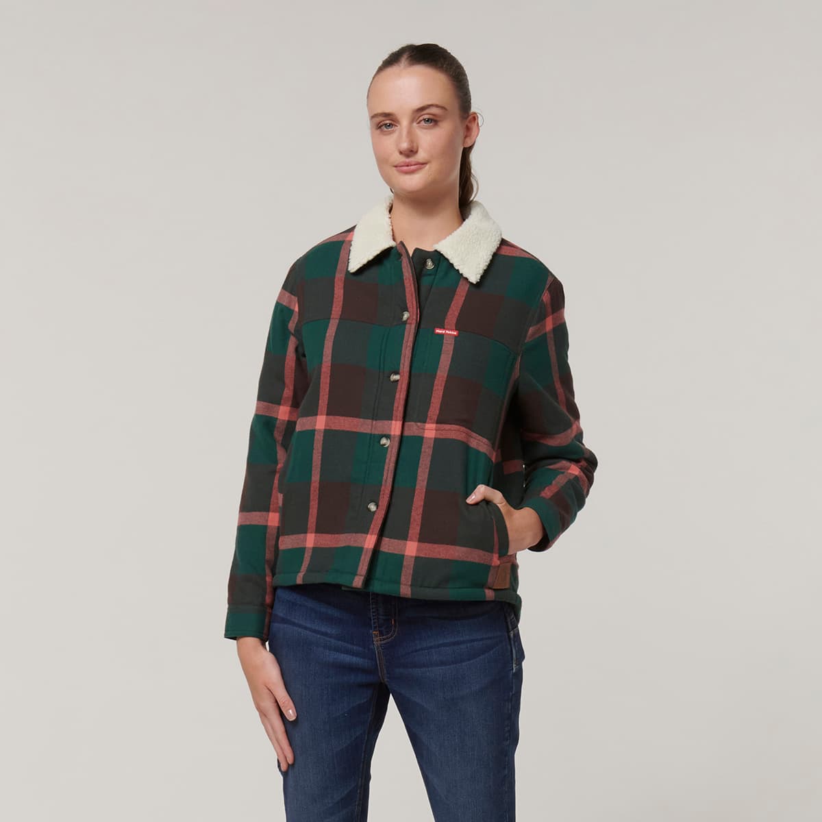 Hard Yakka Womens Heritage Trucker Sherpa Jacket (Green Check)_5