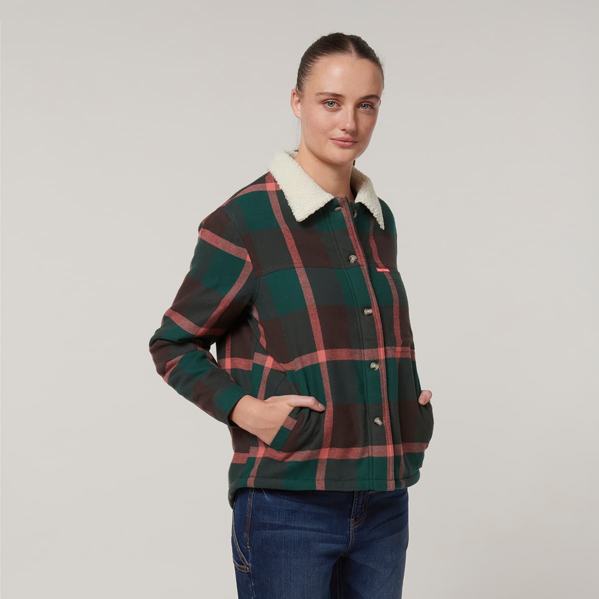 Hard Yakka Womens Heritage Trucker Sherpa Jacket (Green Check)_6