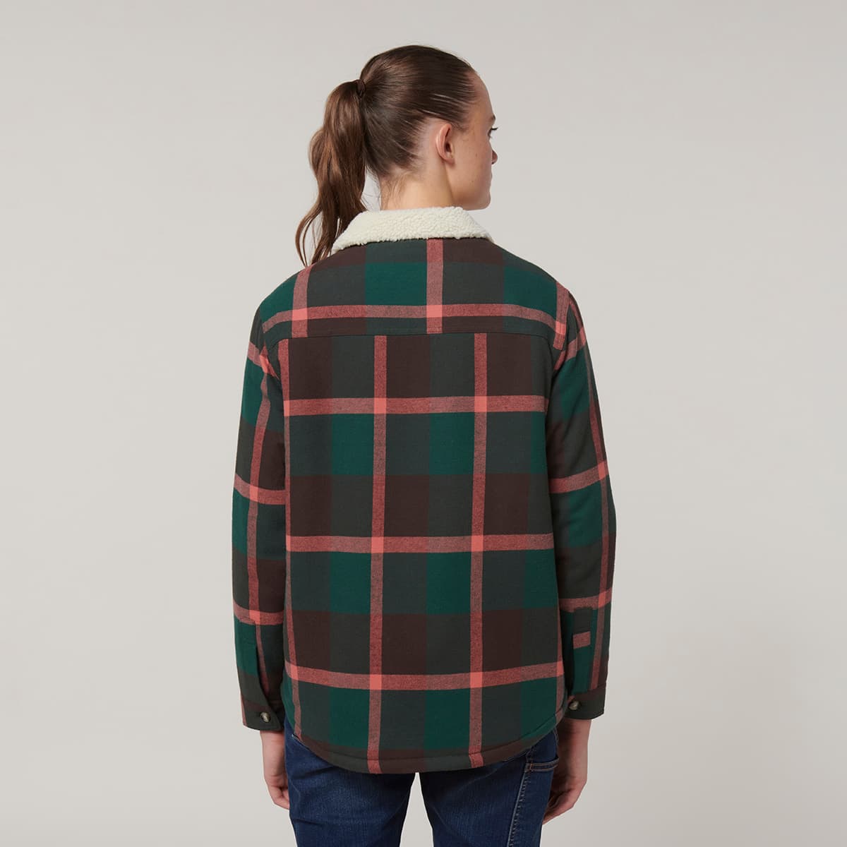 Hard Yakka Womens Heritage Trucker Sherpa Jacket (Green Check)_7