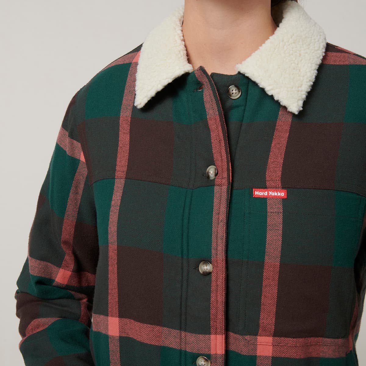 Hard Yakka Womens Heritage Trucker Sherpa Jacket (Green Check)_8