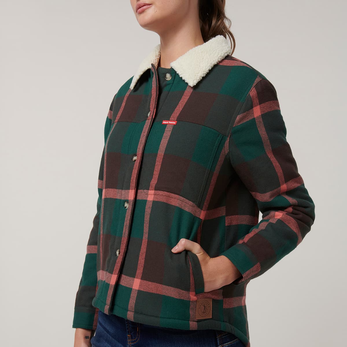 Hard Yakka Womens Heritage Trucker Sherpa Jacket (Green Check)_9
