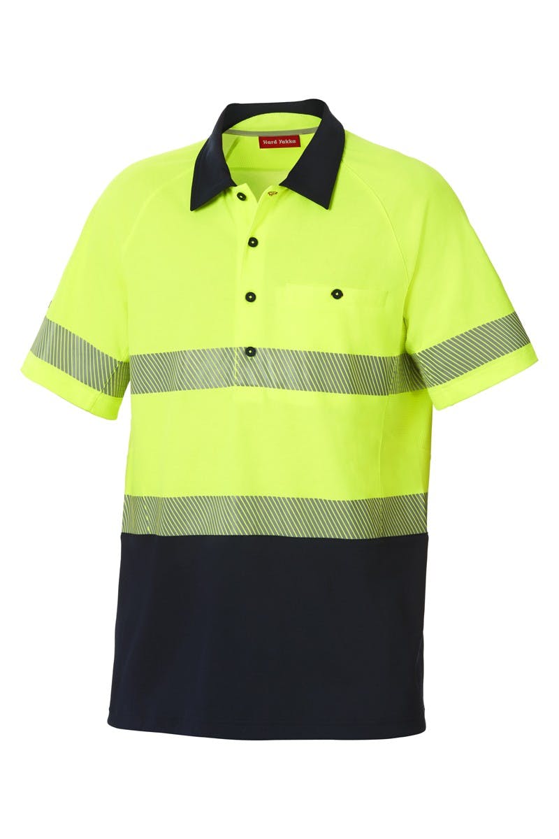 Hard Yakka Koolgear Hi-Visibility Two Tone Short Sleeve Ventilated Polo With Segmented Tape (Lemon/Dark/Navy)