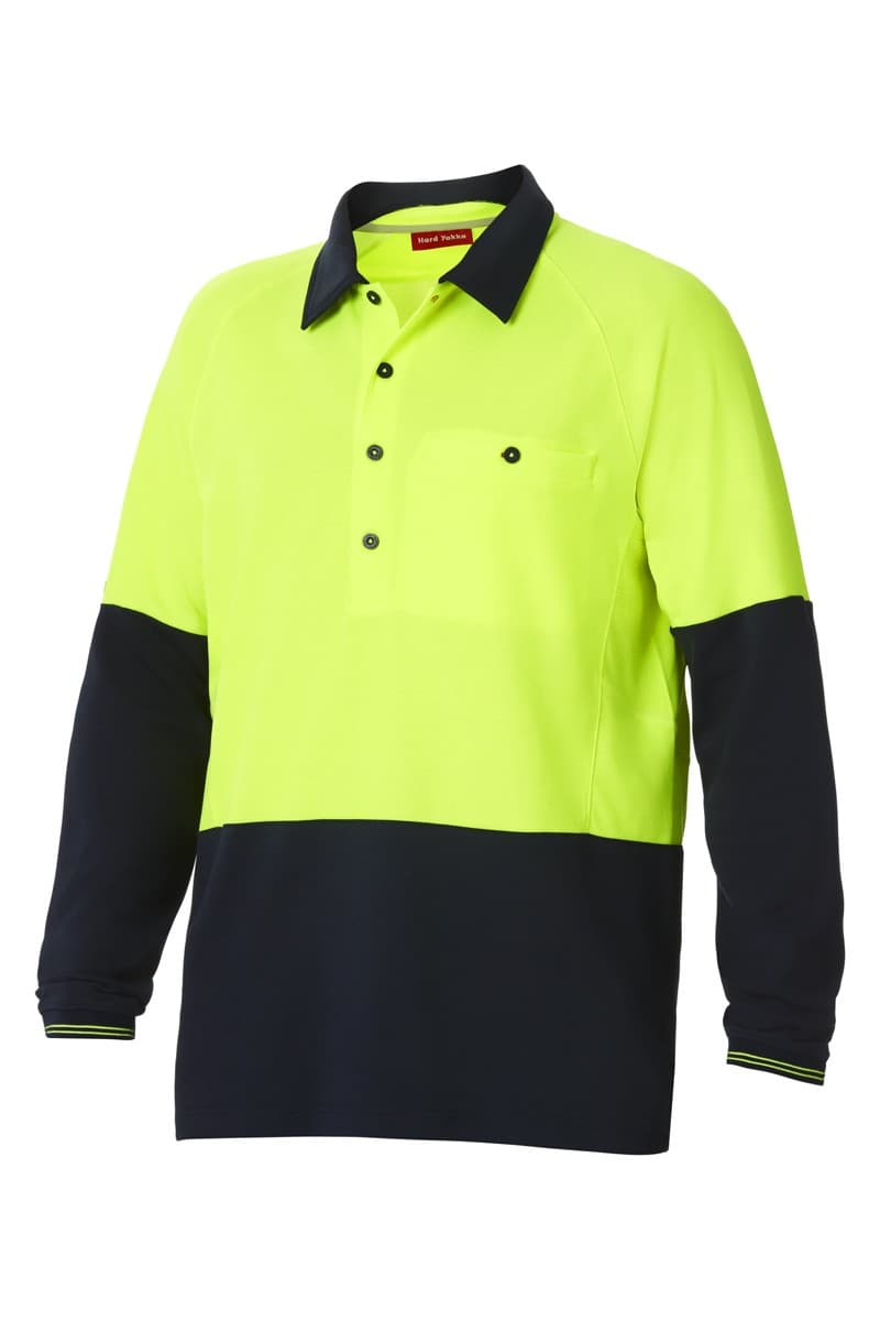 Hard Yakka Koolgear Hi-Visibility Two Tone Long Sleeve Ventilated Polo (Lemon/Dark/Navy)