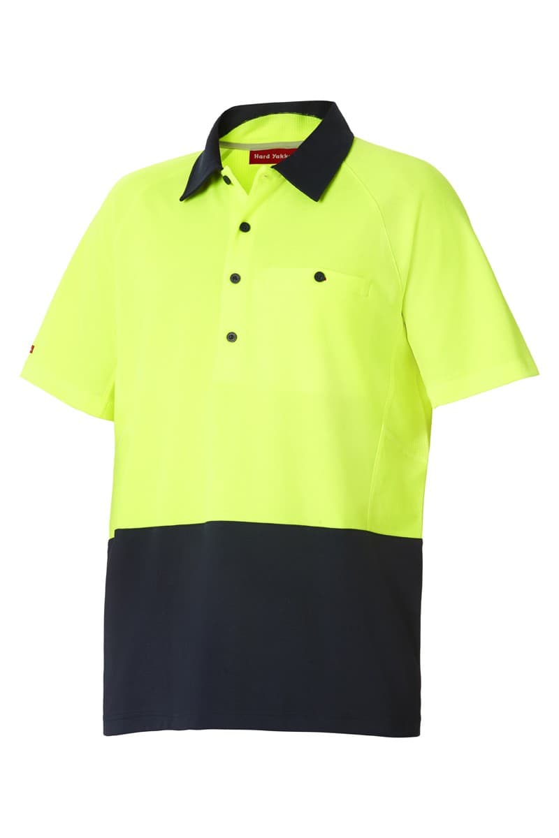 Hard Yakka Koolgear Hi-Visibility Two Tone Short Sleeve Ventilated Polo (Lemon/Dark/Navy)