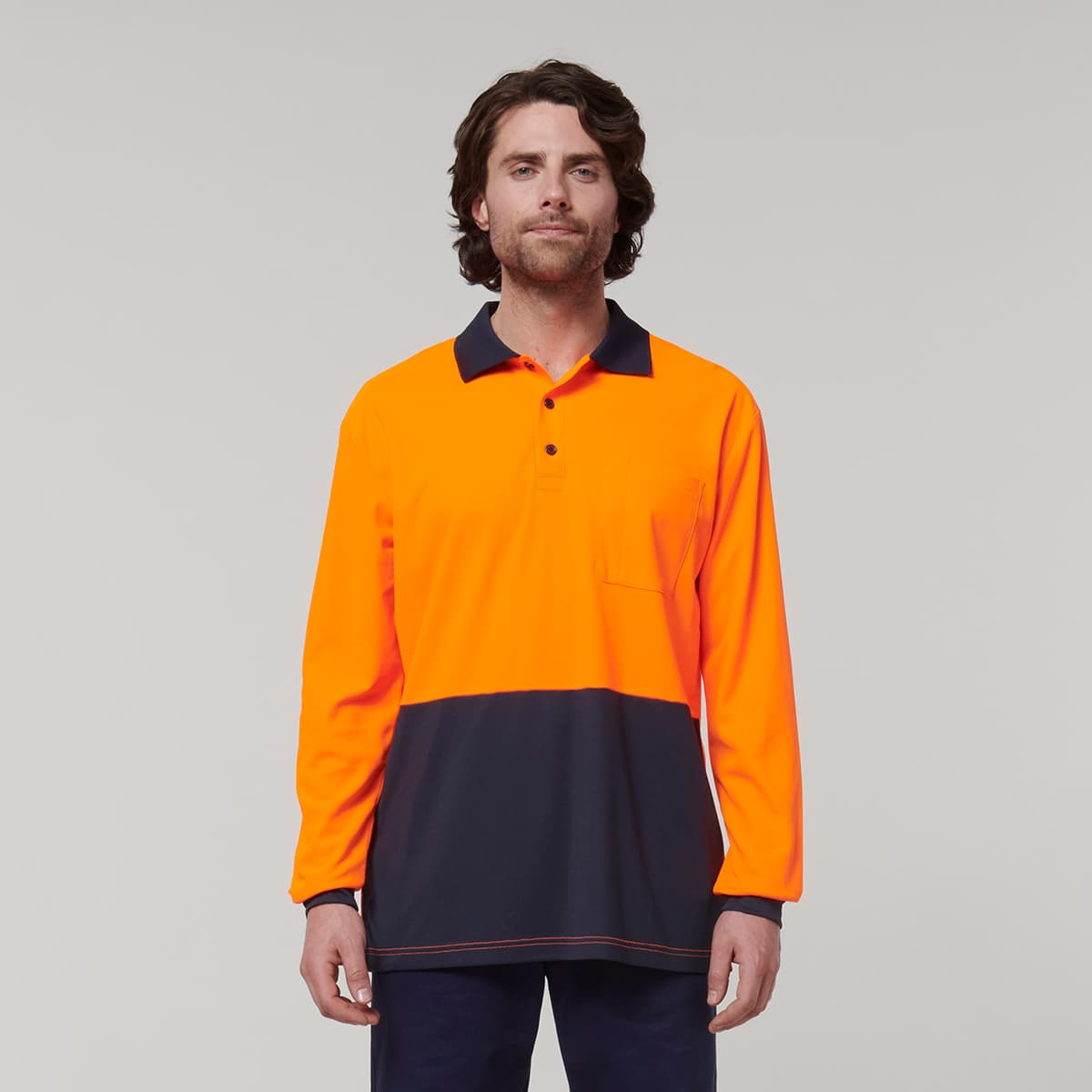 Hard Yakka Mens Long Sleeve Hi Vis Polo (Orange/Navy)