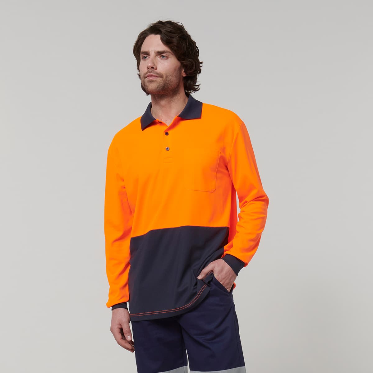 Hard Yakka Mens Long Sleeve Hi Vis Polo (Orange/Navy)_1