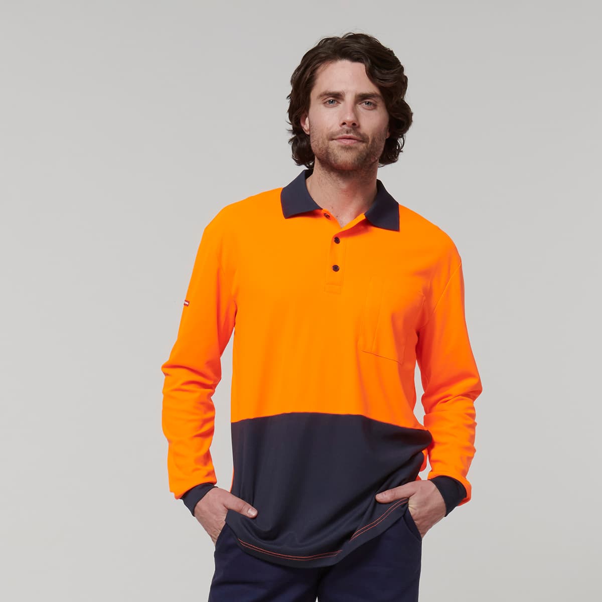 Hard Yakka Mens Long Sleeve Hi Vis Polo (Orange/Navy)_2