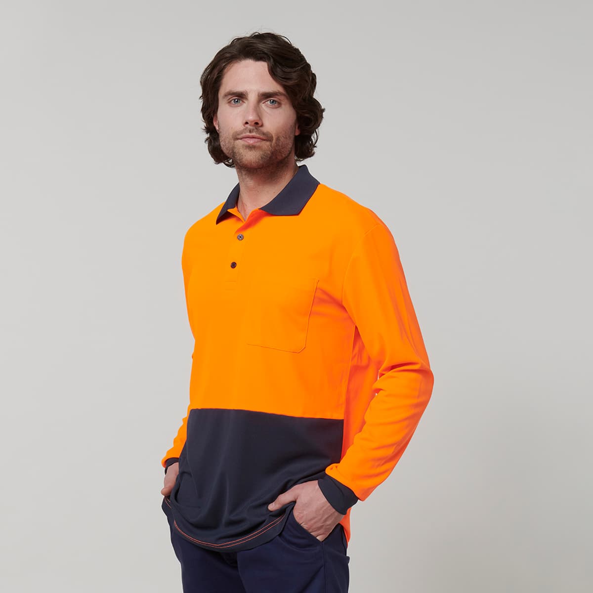 Hard Yakka Mens Long Sleeve Hi Vis Polo (Orange/Navy)_4