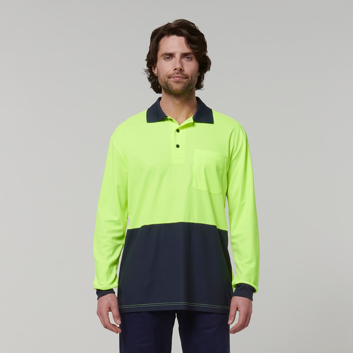 Hard Yakka Mens Long Sleeve Hi Vis Polo (Yellow/Navy)