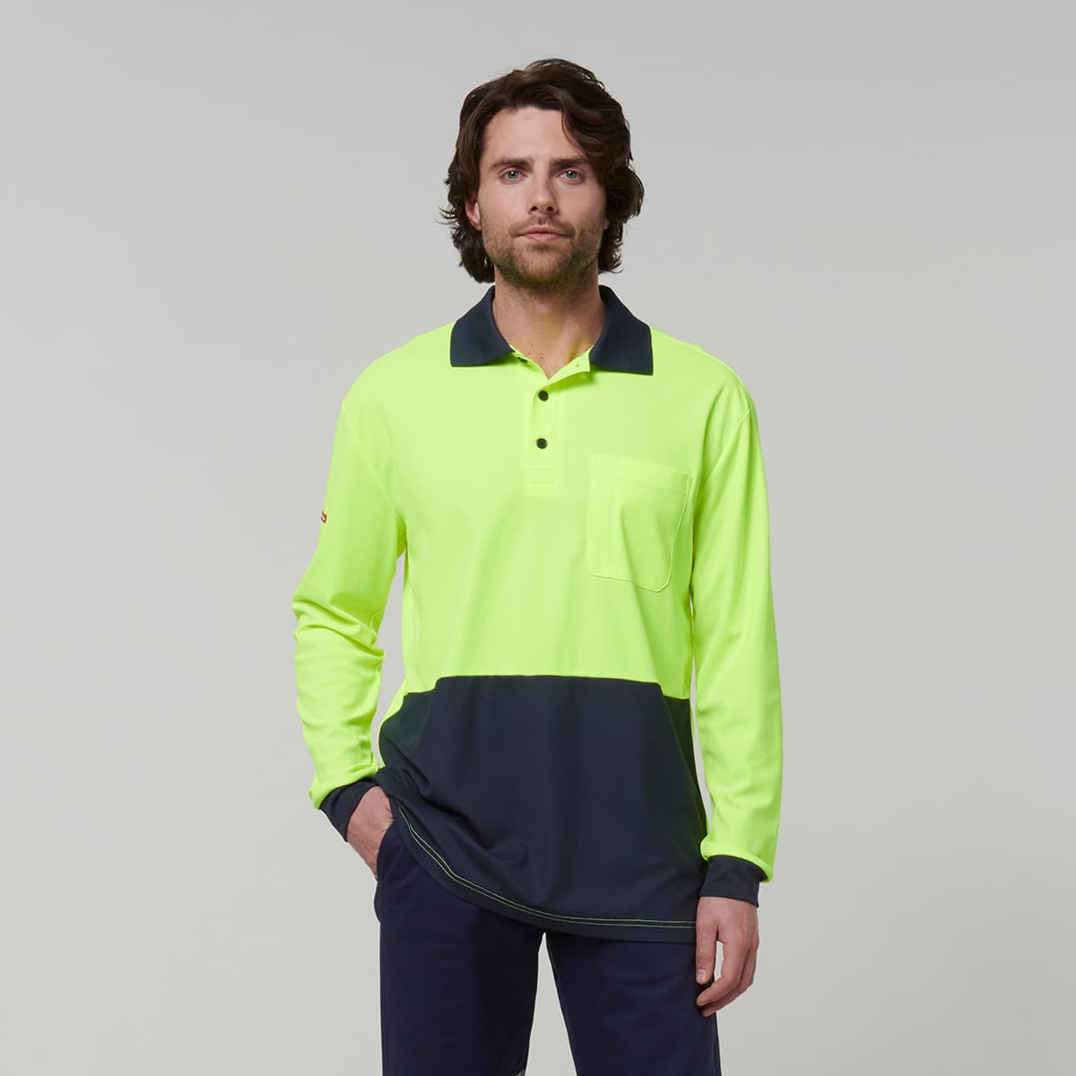 Hard Yakka Mens Long Sleeve Hi Vis Polo (Yellow/Navy)_1