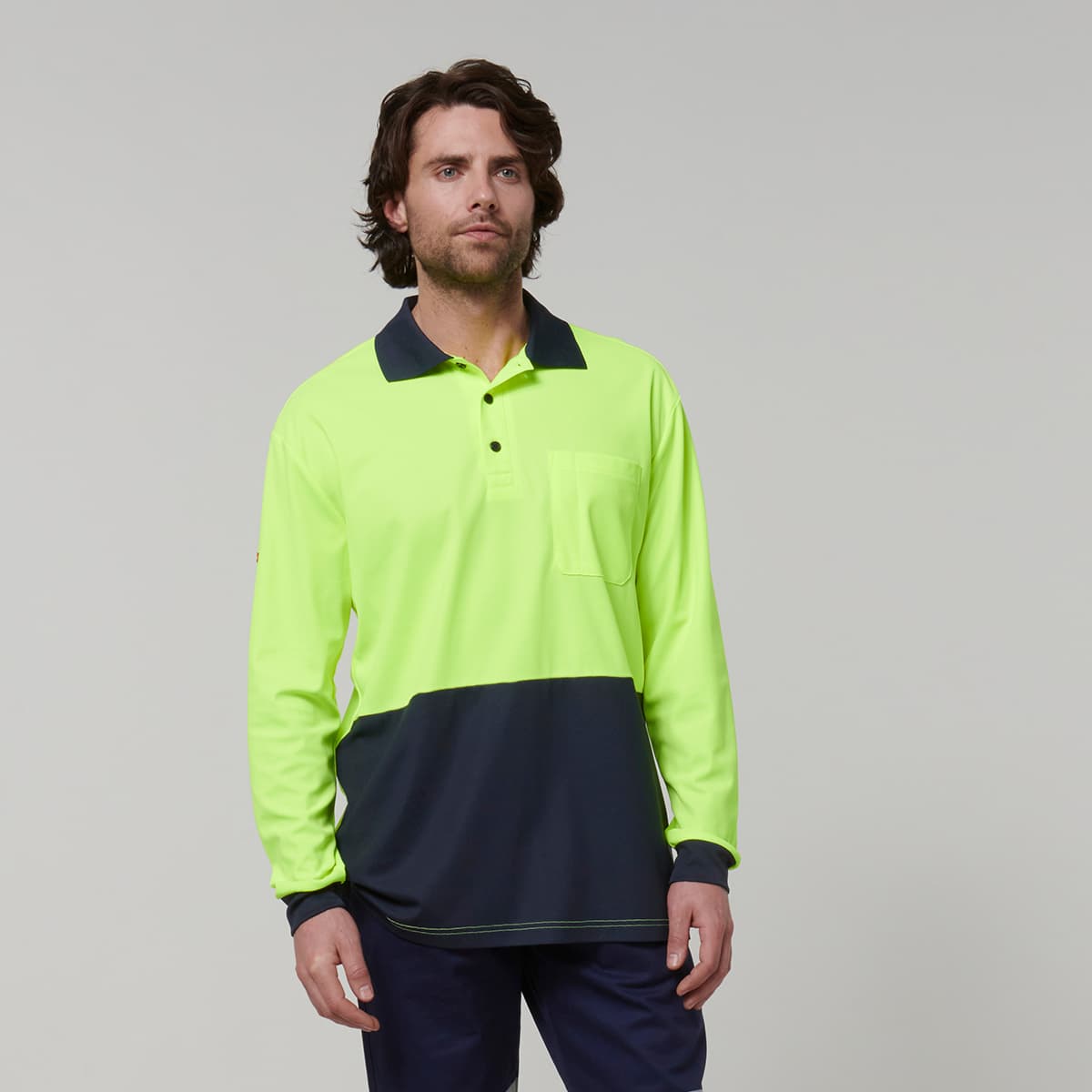 Hard Yakka Mens Long Sleeve Hi Vis Polo (Yellow/Navy)_2