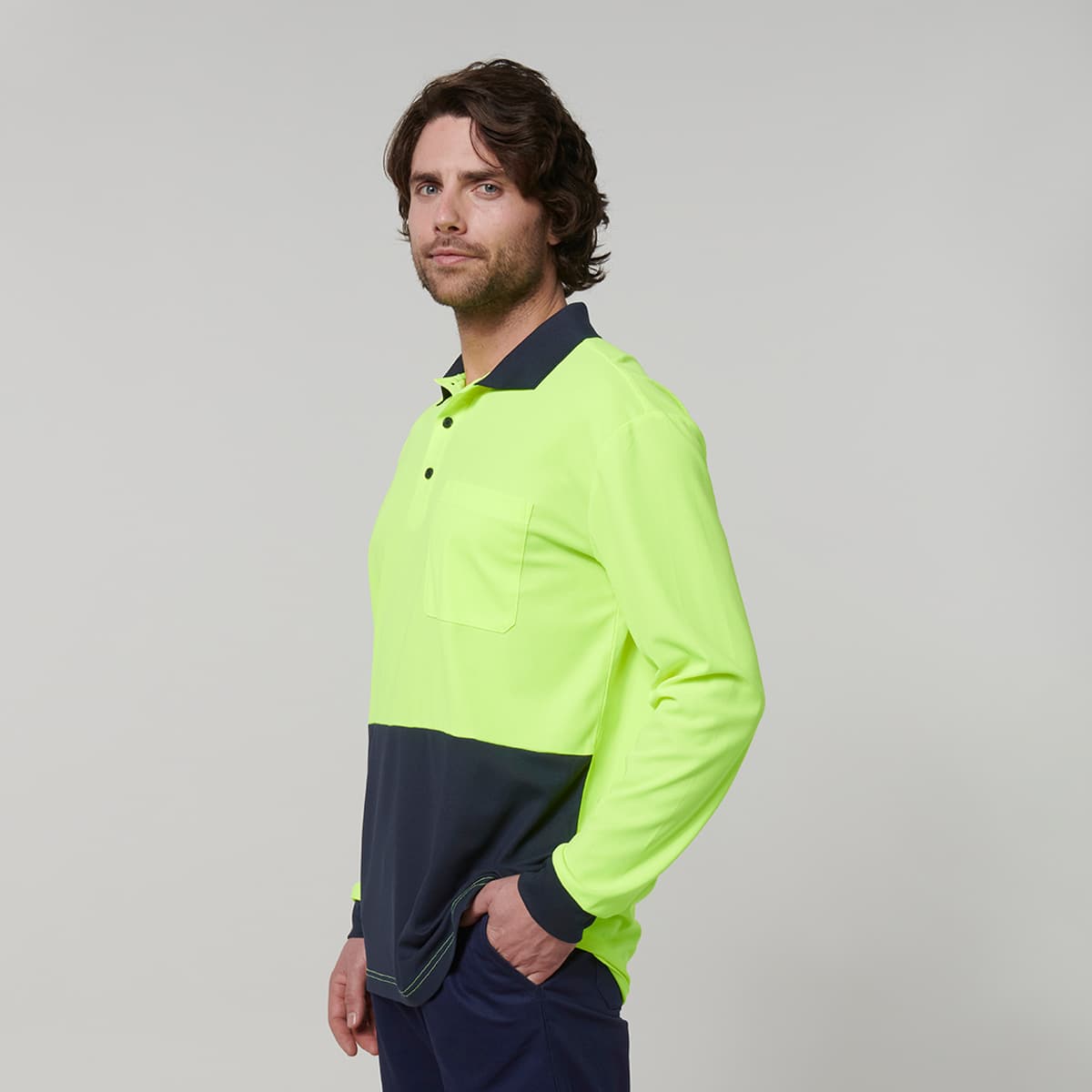 Hard Yakka Mens Long Sleeve Hi Vis Polo (Yellow/Navy)_3