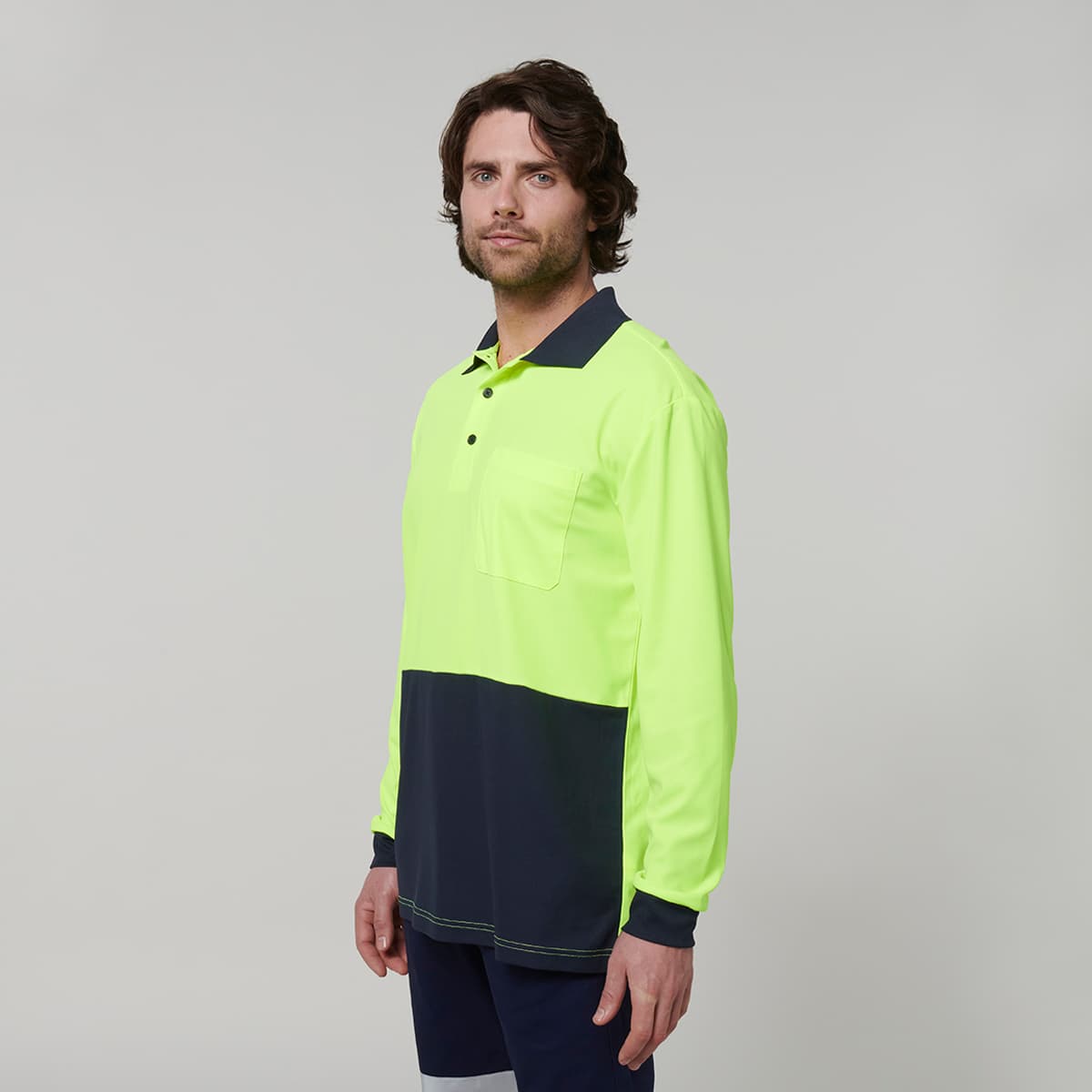 Hard Yakka Mens Long Sleeve Hi Vis Polo (Yellow/Navy)_4