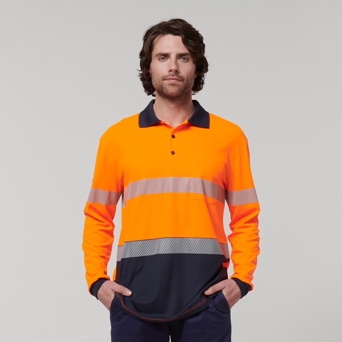 Hard Yakka Mens Long Sleeve Hi Vis Taped Polo (Orange/Navy)