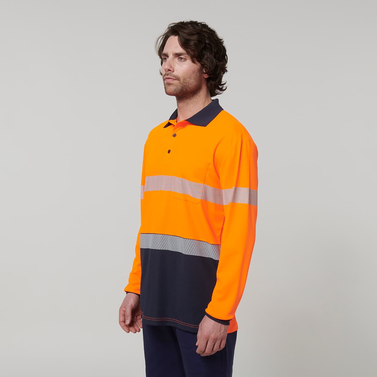 Hard Yakka Mens Long Sleeve Hi Vis Taped Polo (Orange/Navy)_3