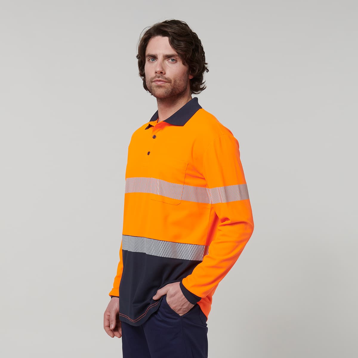 Hard Yakka Mens Long Sleeve Hi Vis Taped Polo (Orange/Navy)_4