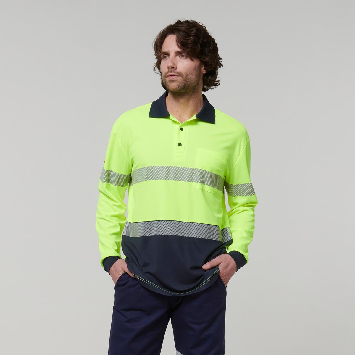 Hard Yakka Mens Long Sleeve Hi Vis Taped Polo (Yellow/Navy)_2