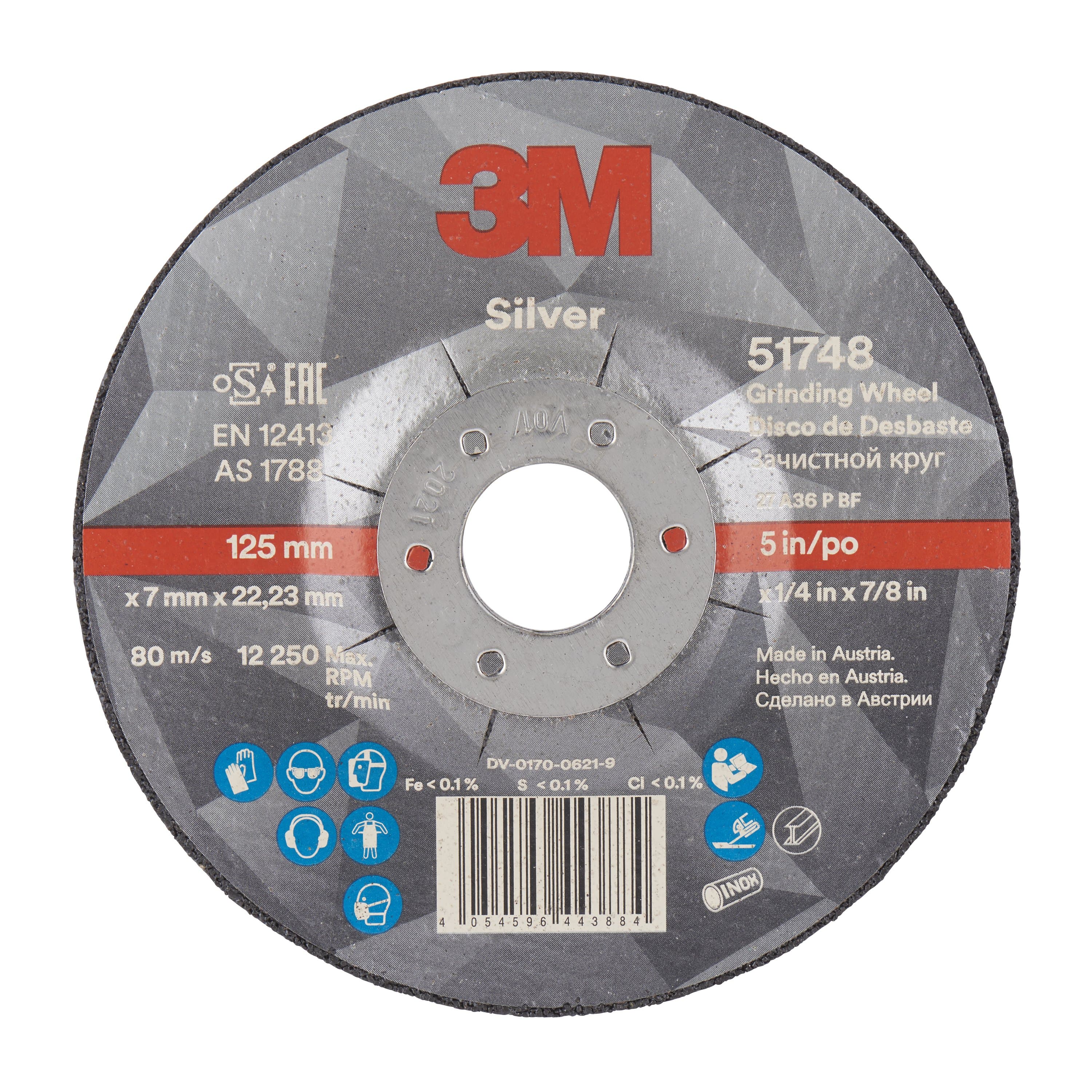 3M Metalworking Silver Rigid Grinding Wheels MOS 12 - 250 RPM Size 125 x 7 x 22mm (51748)