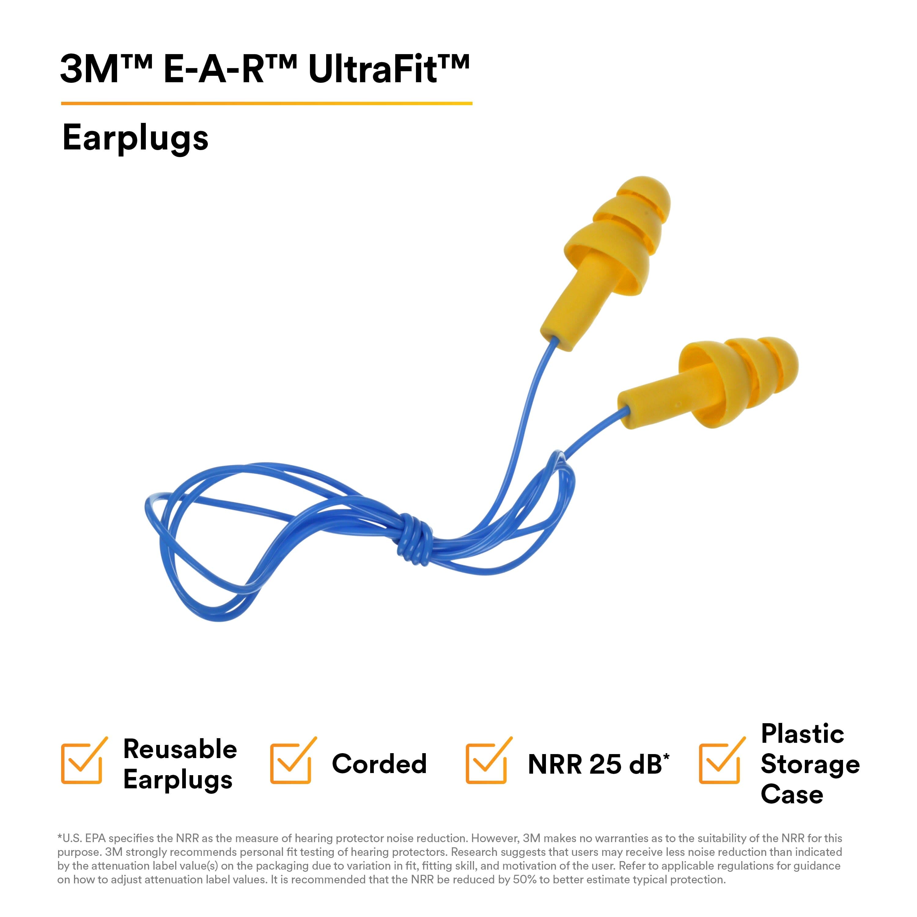 (Case of 4 boxes) 3M Yellow Corded Earplugs in Hard Case Class 3 SLC80 18dB (50 pairs per box) (70071515798)
