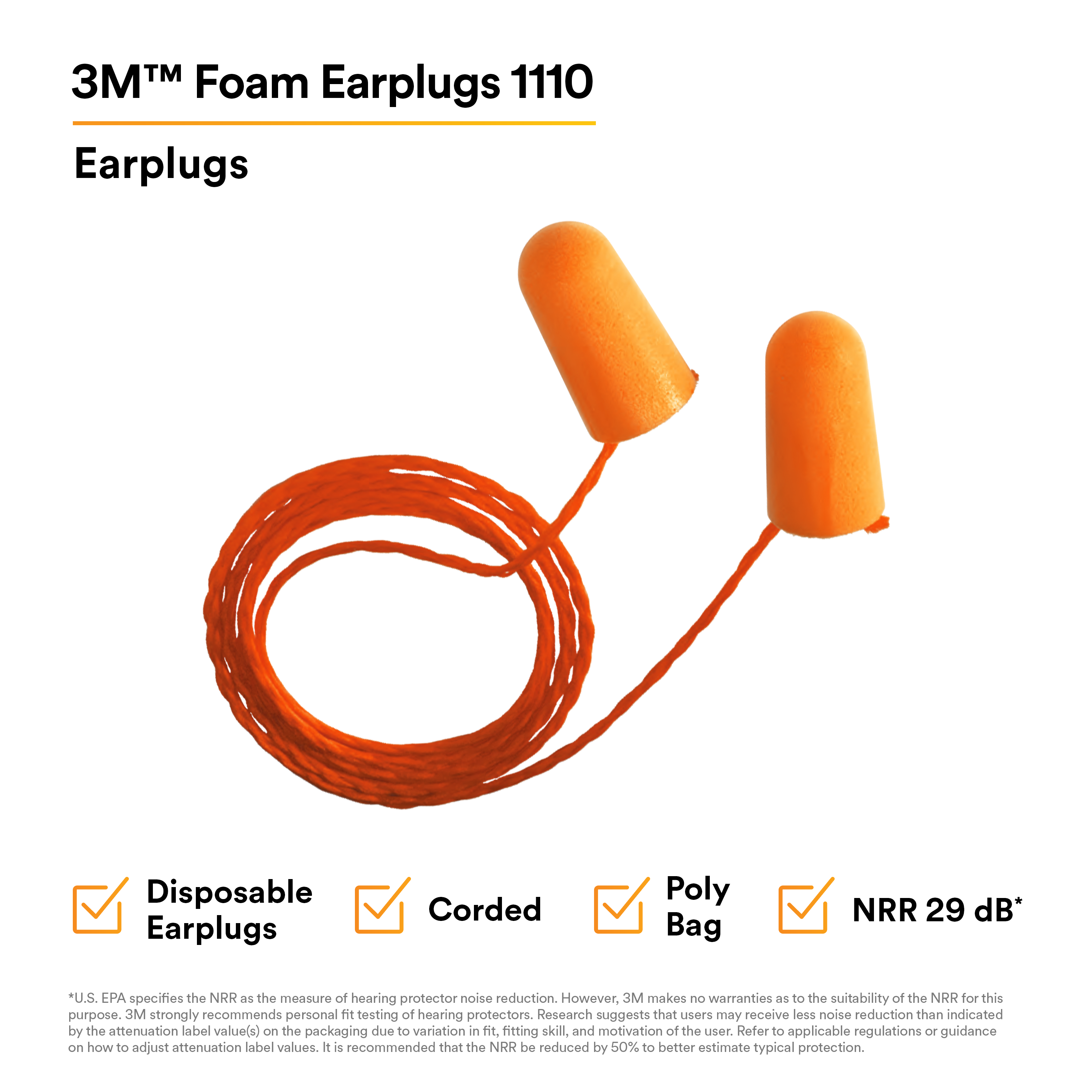 3M™ Foam Earplugs 1110, Corded, 500 Pair/Case_2