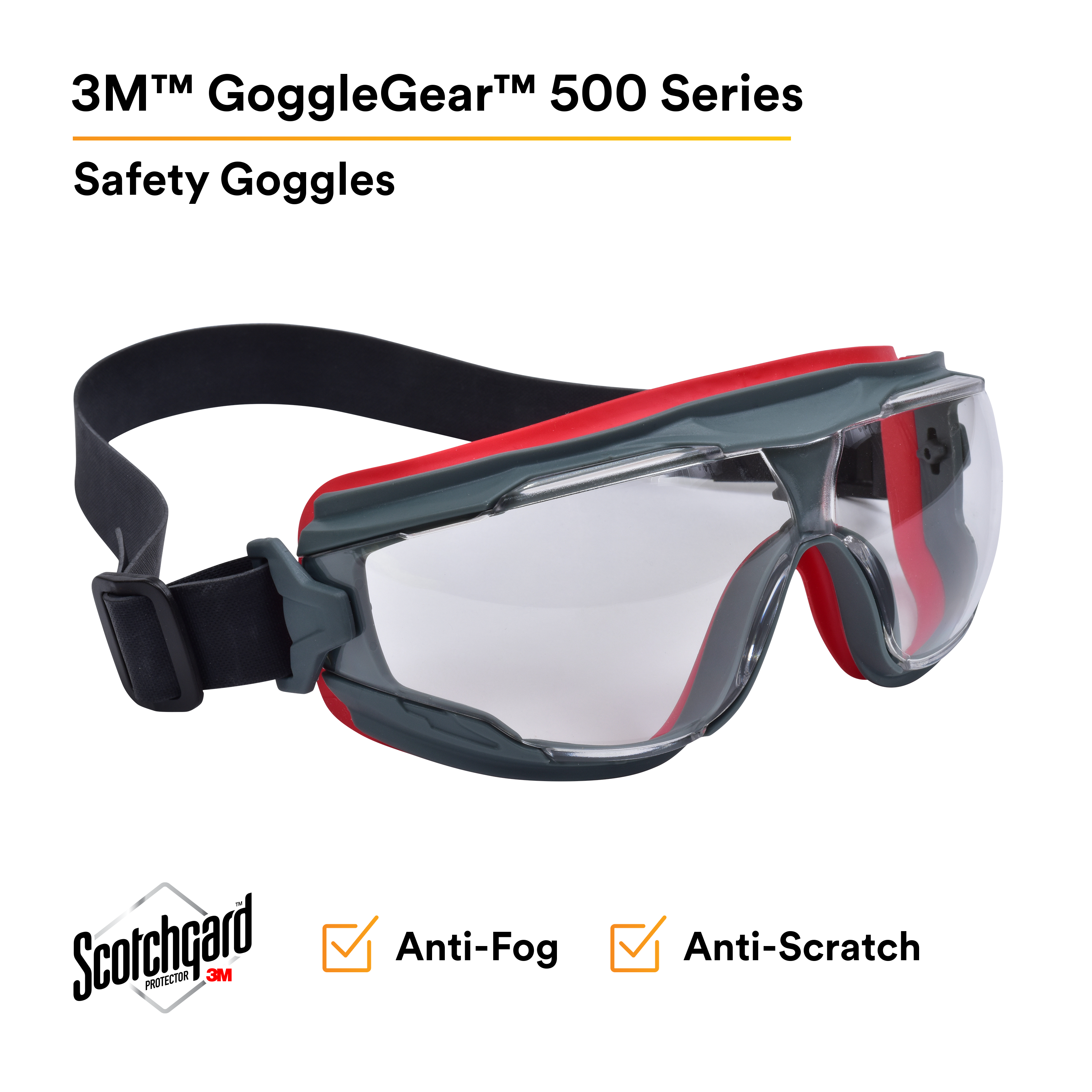 3M™ GoggleGear™ 500-Series GG501NSGAF Clear Scotchgard™ Anti-fog lens, Neoprene Strap, 10 EA/Case_0