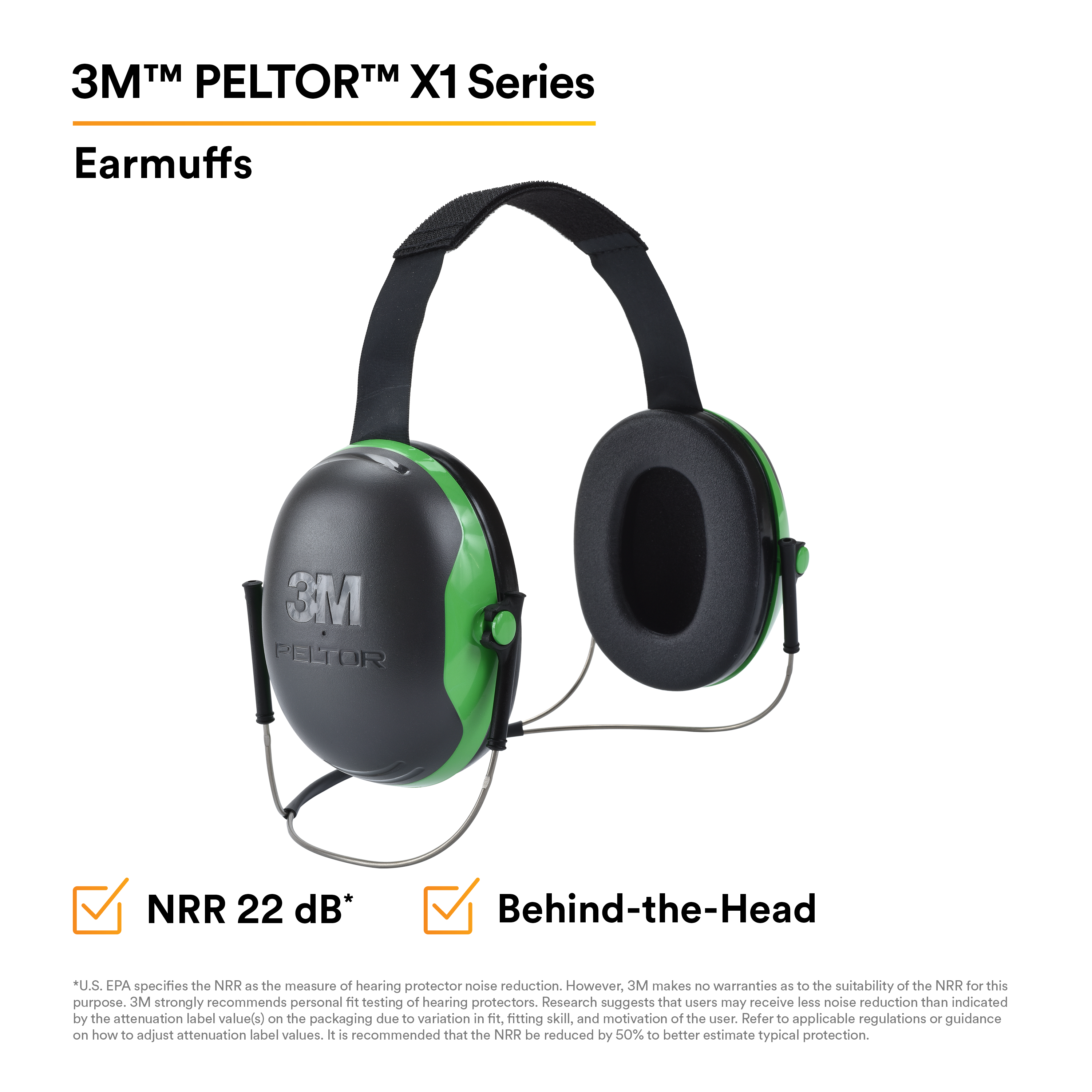 3M™ PELTOR™ X1 Earmuffs X1B, Behind-the-Head, 10 EA/Case