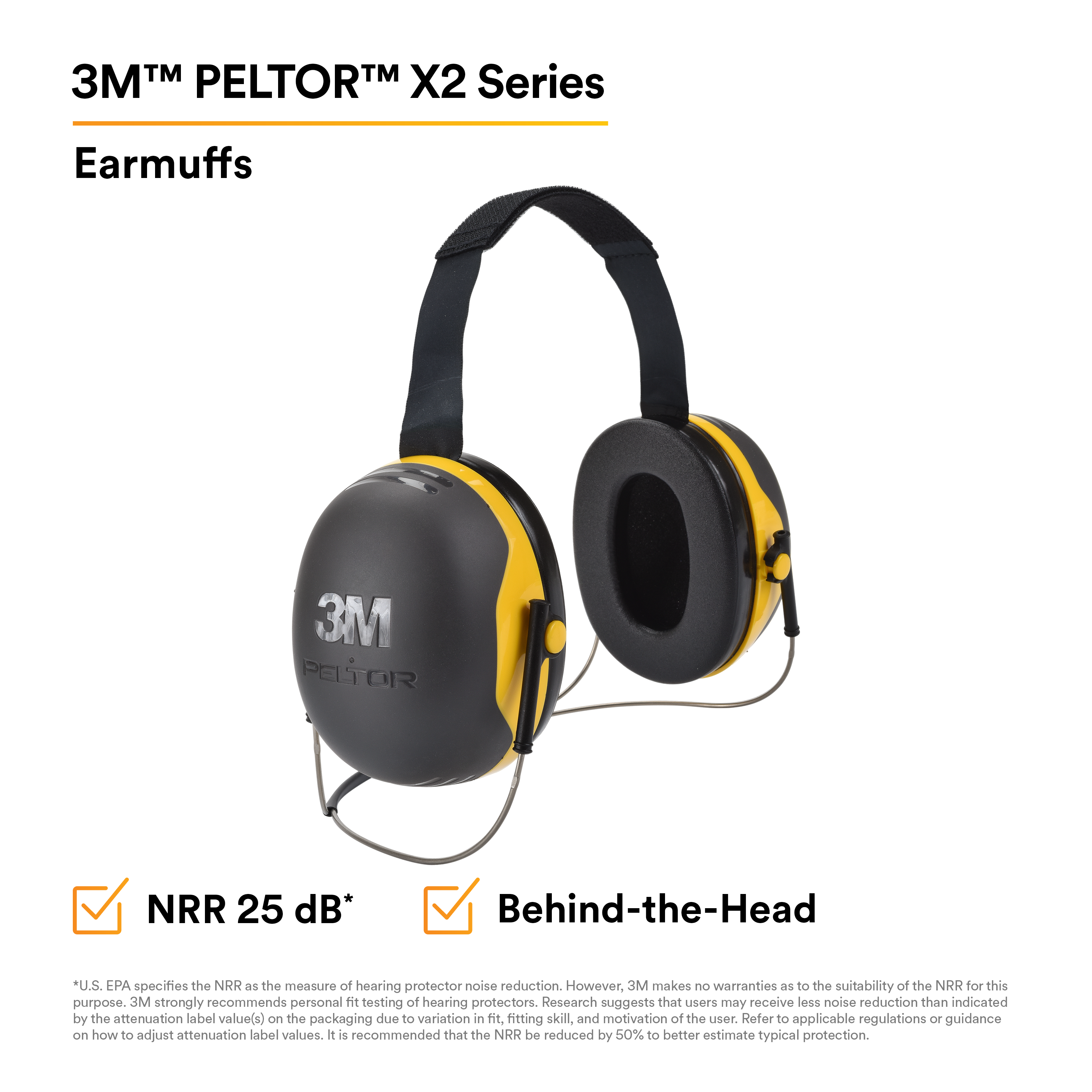3M™ PELTOR™ X2 Earmuffs X2B, Behind-the-Head, 10 EA/Case