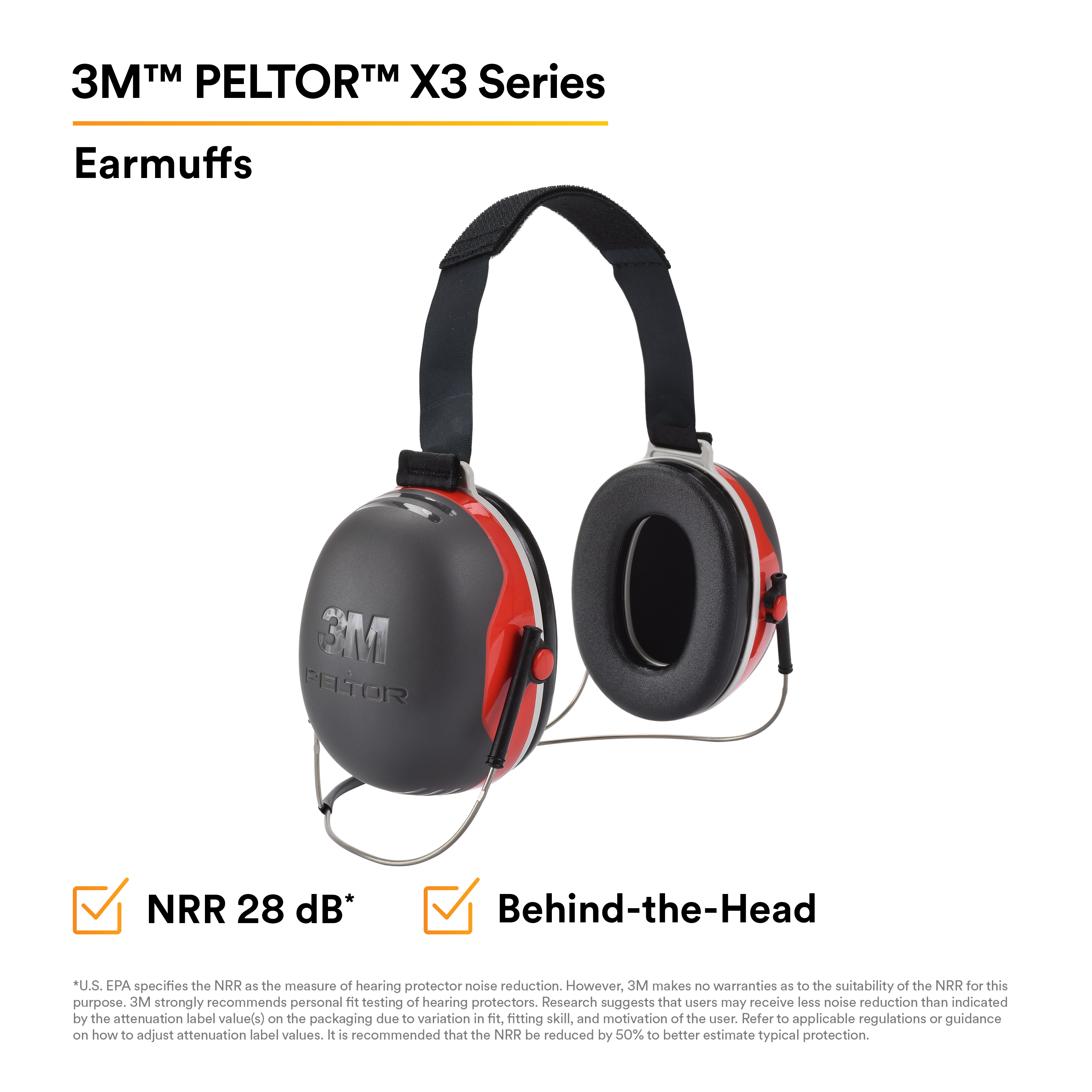 3M™ PELTOR™ X3 Earmuffs X3B, Behind-the-Head, 10 EA/Case