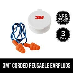 3M™ Corded Reusable Earplugs, 90716H3-DC, 3 pairs with case per pack, 10