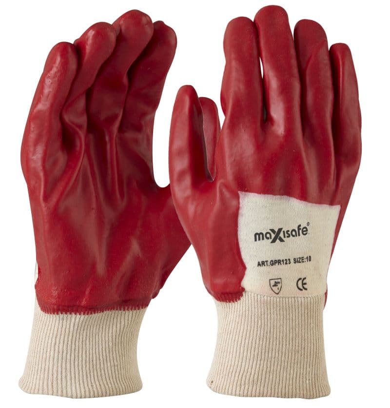 Maxisafe Red Pvc Single Dipped - Knit Wrist (12 Pairs)