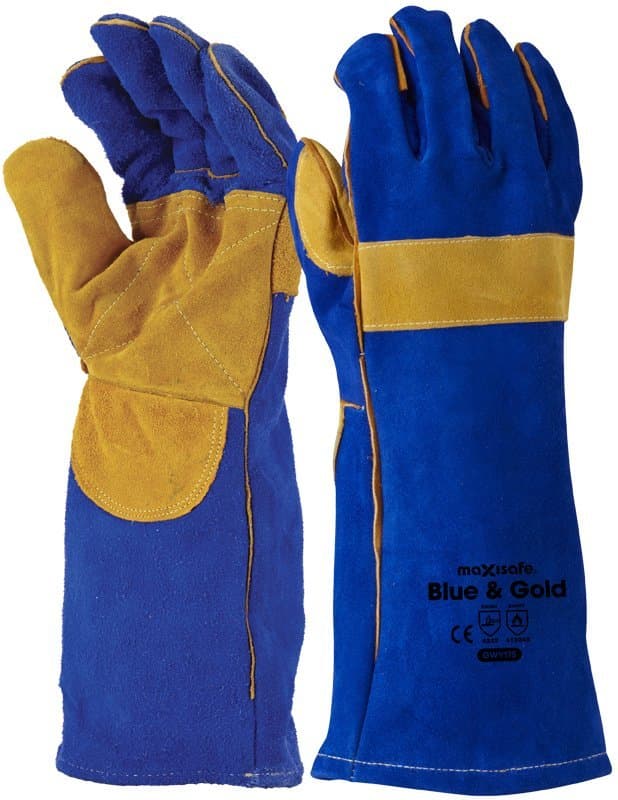Maxisafe Blue & Gold Welders Gauntlet, Reinforced & Cross-Stitched (12 Pairs)